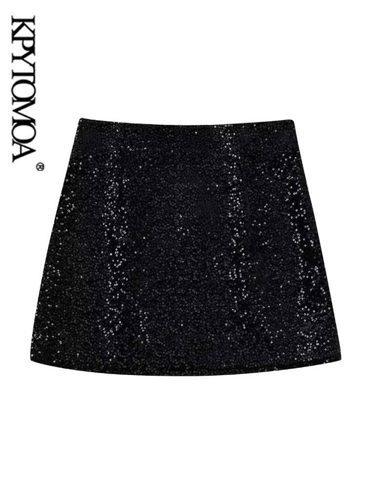 

KPYTOMOA Women Fashion Shiny Sequin Mini Skirt Vintage High Waist Side Zipper Female Skirts Mujer