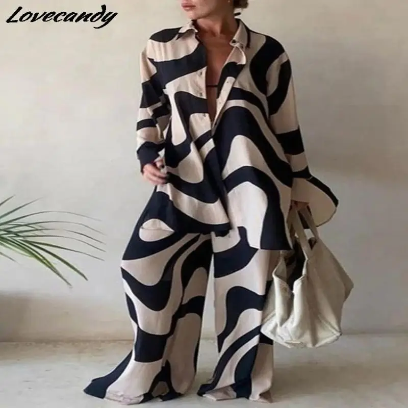 

Summer Casual Printed 2 piece Set Fashion Loose Long Sleeve Shirt Straight Pants Outfits for Women 2022 Female Fashion Suits