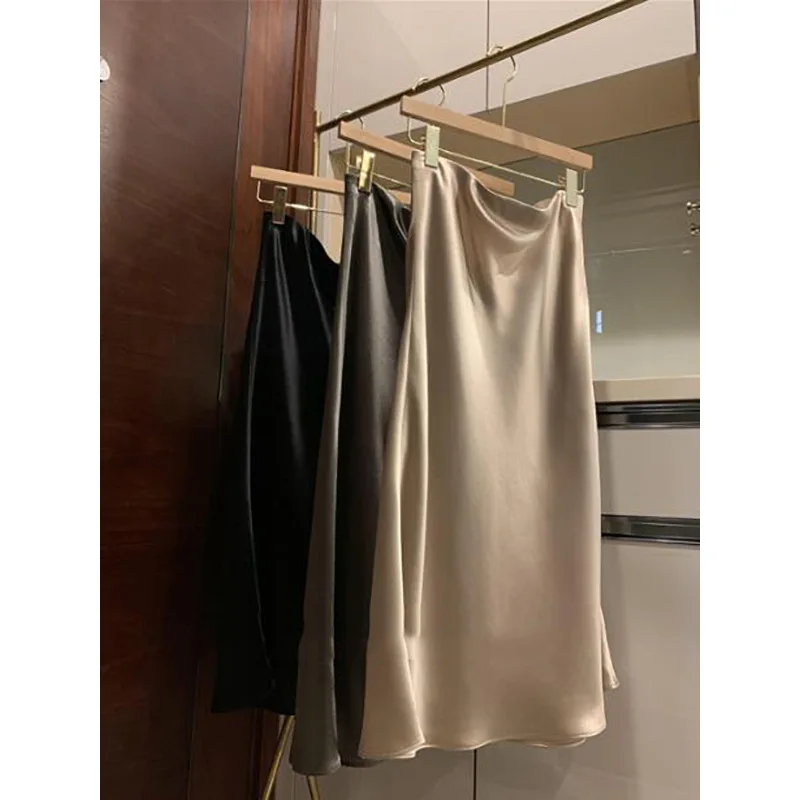 

Elegant Satin Heavyweight Acetate Silk High Waist Bag Hip A-line Mid-length Skirts Women