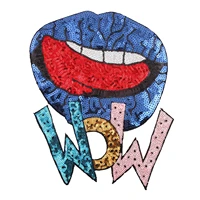 wow letters blue lips sequin patches for clothing womans t shirt appliques fabric stickers iron on embroidered patch on clothes