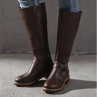 2021 autumn women knee high boots womens zip leather buckle high boots woman low heels ladies buckle belt female shoes big size