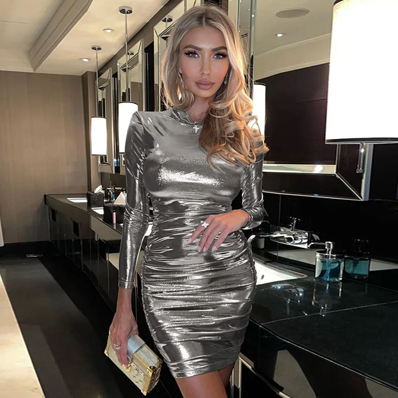 Women'S Mini Dress With Slim Synthetic Leather Sexy Dress Stand Collar Tight Bandage Club Party Dress