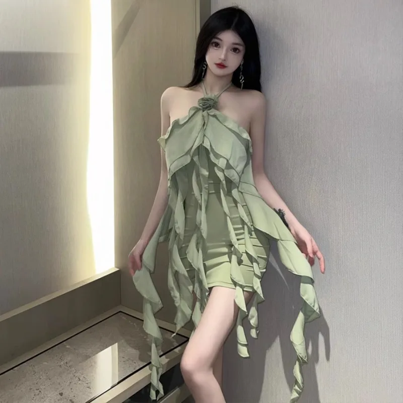 

Women's Dress Floral Tassel Chiffon Off Shoulder Sleeveless Above Knee Dresses Neck-mounted Solid Color Slim Vestidos Dropship