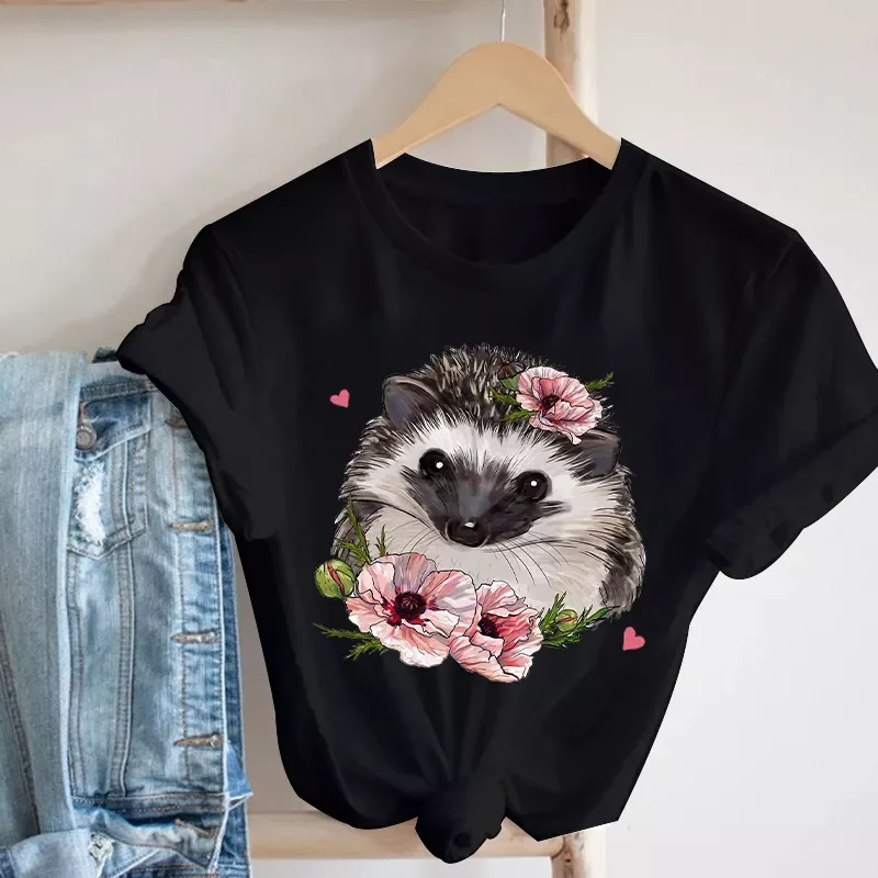

2022NEW Cartoon Hedgehog Flower Printed T Shirt Lady O-Neck Short Sleeve Tshirt Female Tops Harajuku Black Casual Women Tee shir