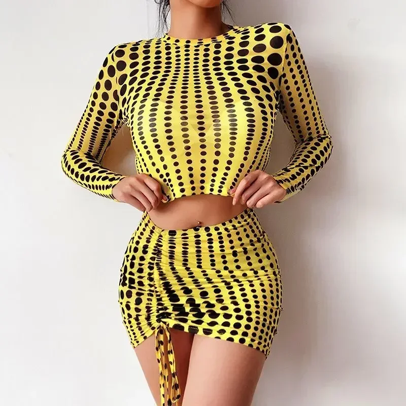 2024 женский новый сетчатый полупрозрачный топ с длинными рукавами юбка-футляр