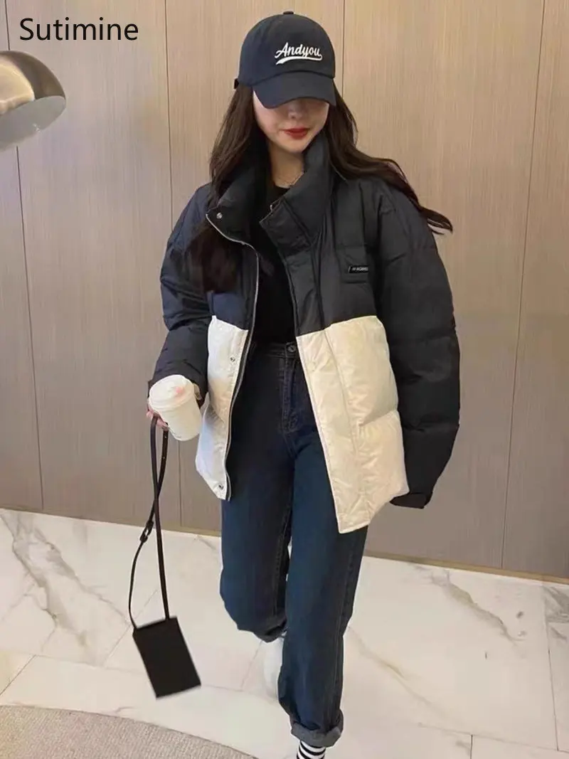 Winter Coat Women Office Lady Button Down Cotton Jacket Women Loose Splicing Color Contrast Cotton Jacket Pockets Winter Coat