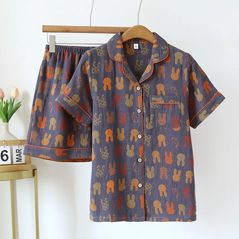 Фото 2026 Весна Novo Casal Shorts de Manga Curta Duas Peças Conjunto de 100% Algodão Crepe Tecido Homens e Mulheres Grande Homewear №1