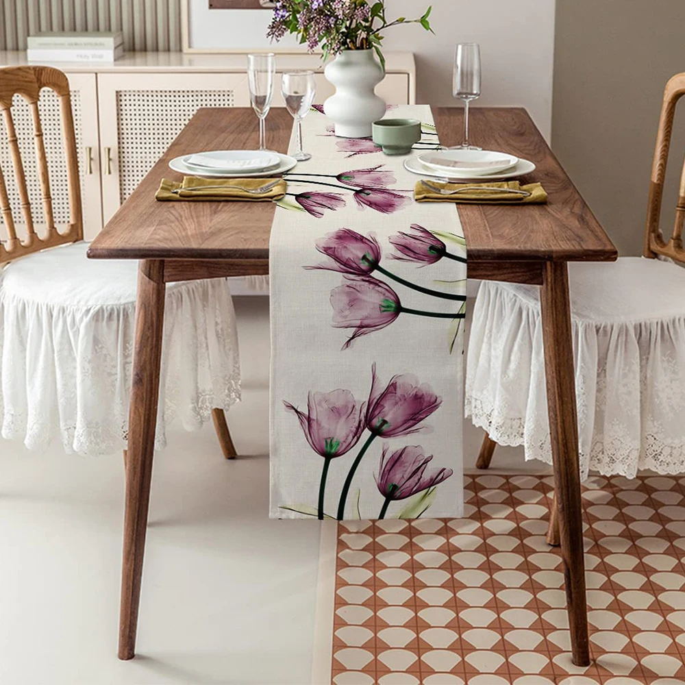 

Table Runner Country Wedding Decoration Tulip Flower/wood Grain Pattern Burlap Dining Table Runners Wedding Party Decoration