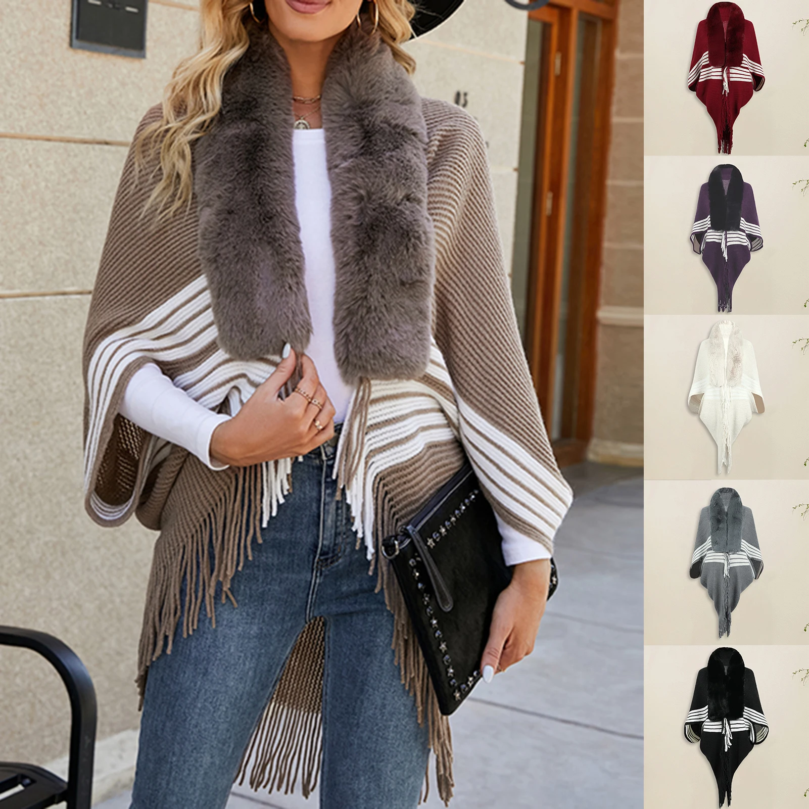 

Women Knit Cape Shawl Crochet Ladies Basic Elegant Shawl Casual Fringe Hem Long Sleeve Horizontal Stripe Vacation Outfit