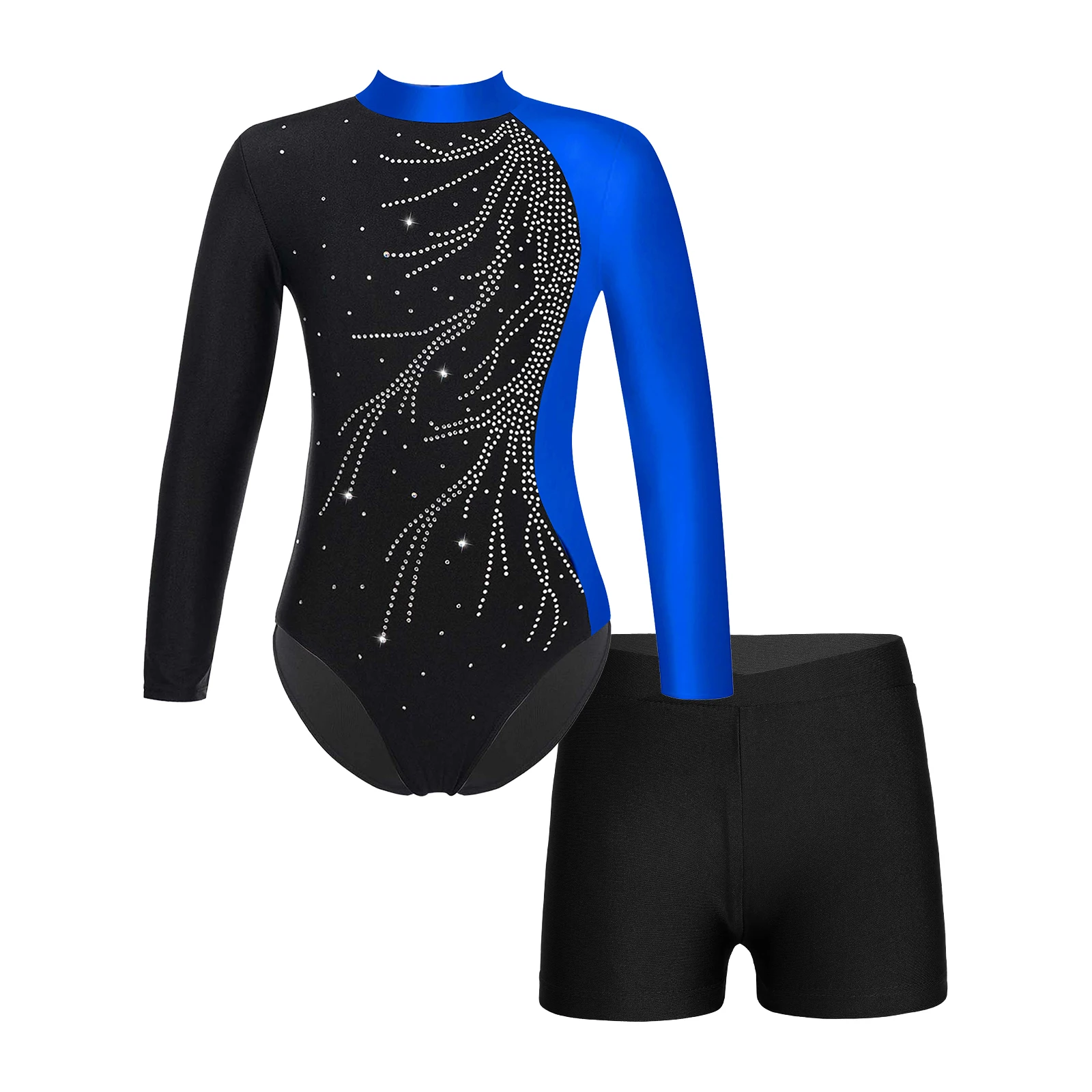 

Kids Girls Gymnastic Swimsuit for Ballet Dancing Mock Neck Long Sleeve Shiny Faux Diamonds Leotard with Shorts Skating Costumes