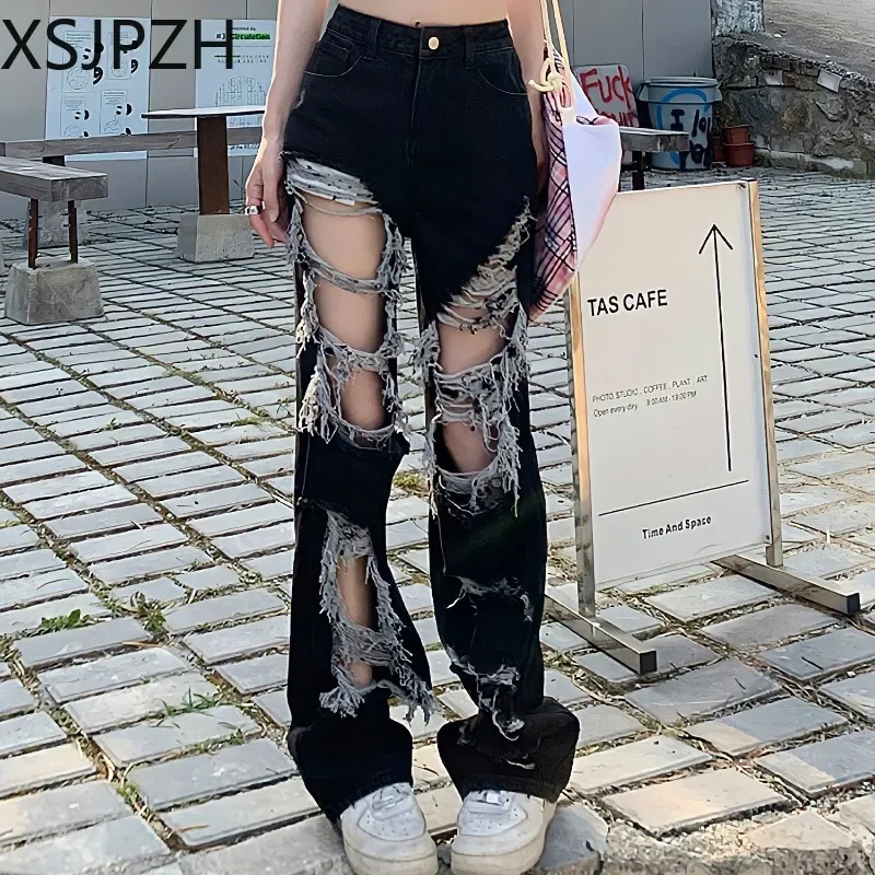 

Y2k Women Distressed Broken Hole Jeans High Street Hip Hop High Waist Straight Loose Trousers New All-Match Washed Mopping Pants