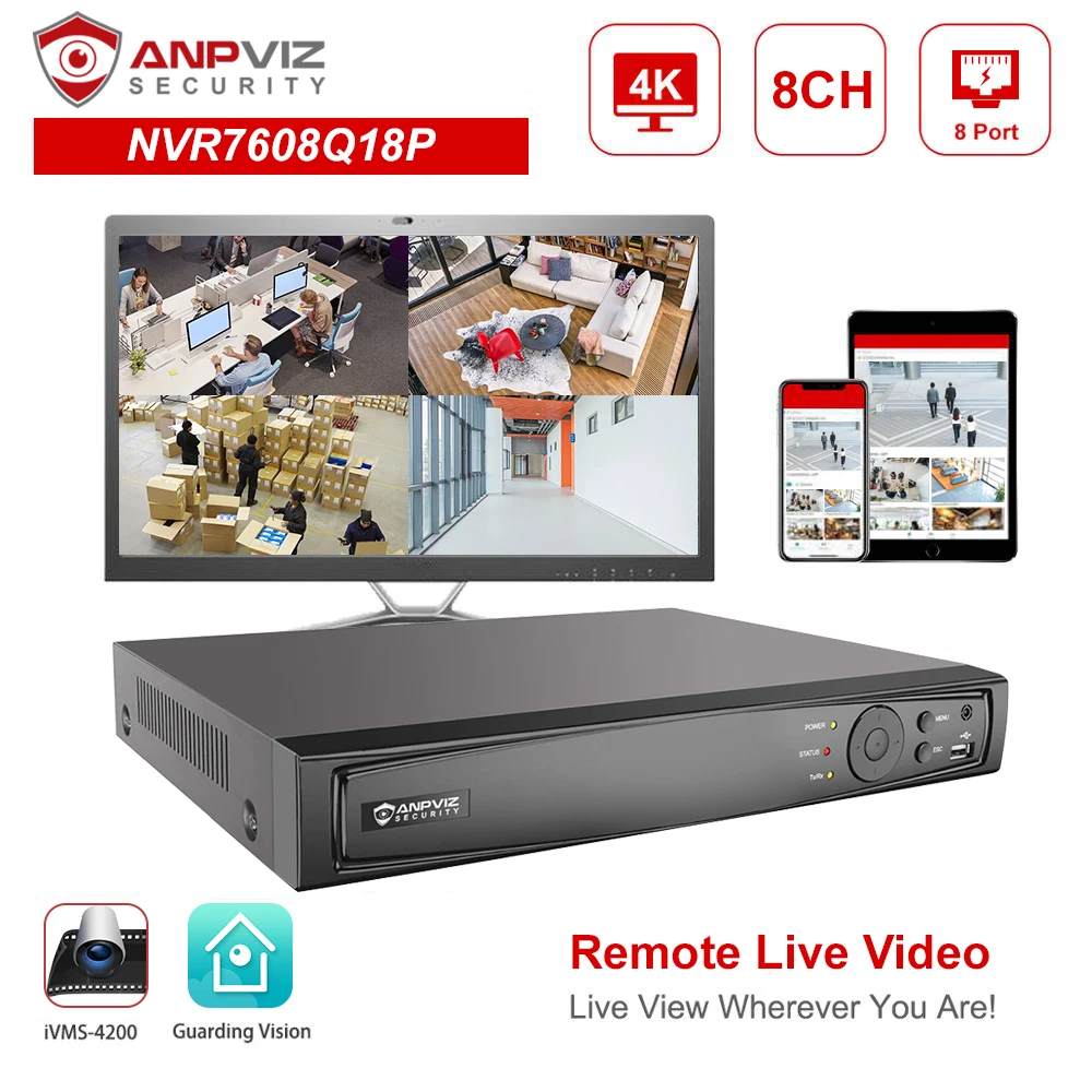 

Anpviz 4K 8CH POE NVR OEM DS-7608NI-Q1/8P Network Video Recorder IP Camera CCTV System HD Video Output P2P View