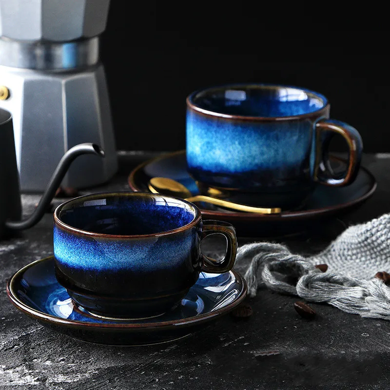 

Distinguished 100ml-180ml Coffee Cup&Saucer Set Ceramic Mug Milk Cup Cat's Eye Blue Breakfast Cup Dessert Dish Vintage Tableware