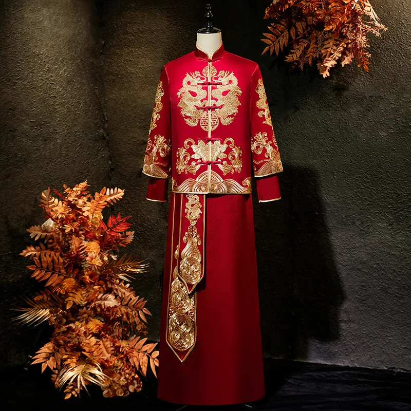 Chinese Style Marriage Set Groom Costume Velour Wedding Clothing Beading Sequins Cheongsam Toast Clothing китайская одежда