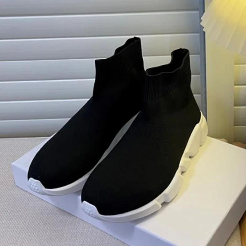 

2022 New Women/Men Stretch Knit Design Ladies Shoes Round Toe Heightening Thick Sole Short Boots Fashion Casual Shoes