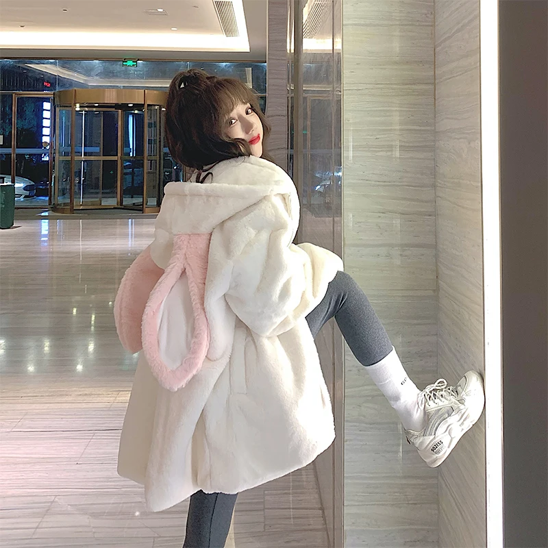 

Autumn Winter Kawaii Harajuku Hoodies Cute Rabbit Ears Black Hooded Outwear Women Sweet Korean Loose Warm Plush Coats Y2k tops