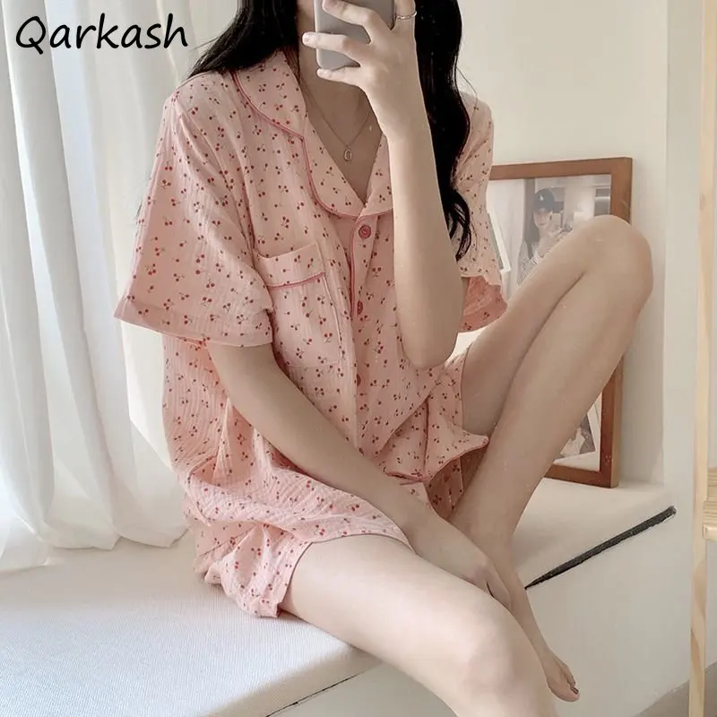 

Pajama Sets Women Cherry Print Loose Thin Lazy Sweet Korean Style Casual Home Summer Girlish Fashion Tender Sleepwear New Simple