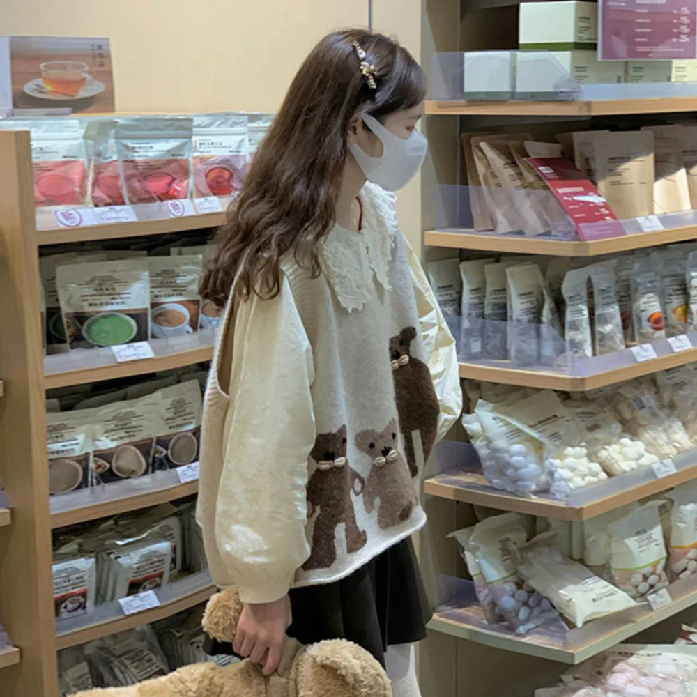 

Женский жаккардовый жилет с милым маленьким медведем, милая Трикотажная майка в Корейском стиле, Женский Осенний свободный свитер, новинка 2023