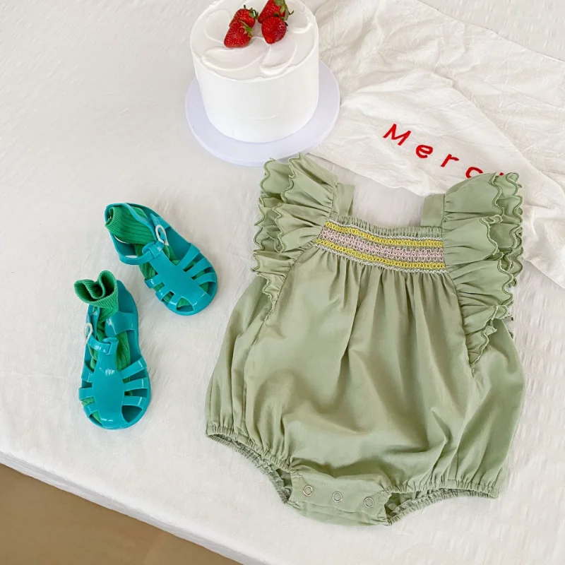 

Summer Clothes for Babies Flying Sleeve One-piece Girl Solid Green Color Romper Embroidered Triangle Climb Suit Newborn Jumpsuit