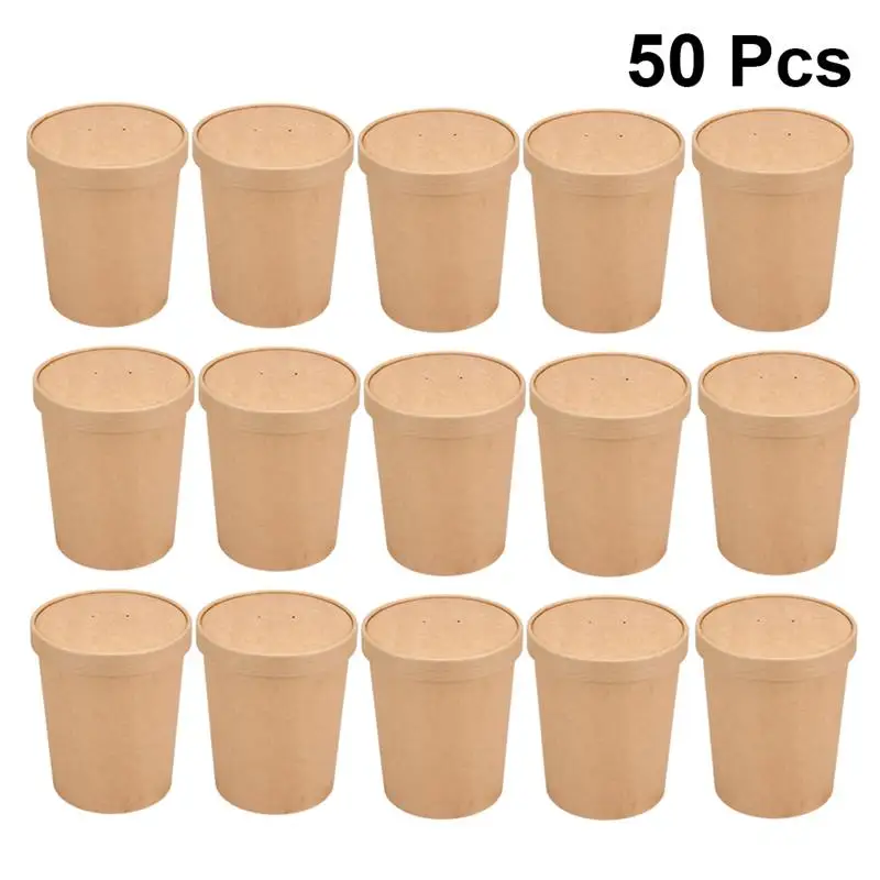 50Pcs 12Oz Hot Soup CupThicken Disposable Oirl-proof Kraft Paper Soup Container With Lids (50 Paper Cup + 50 PP Lid)