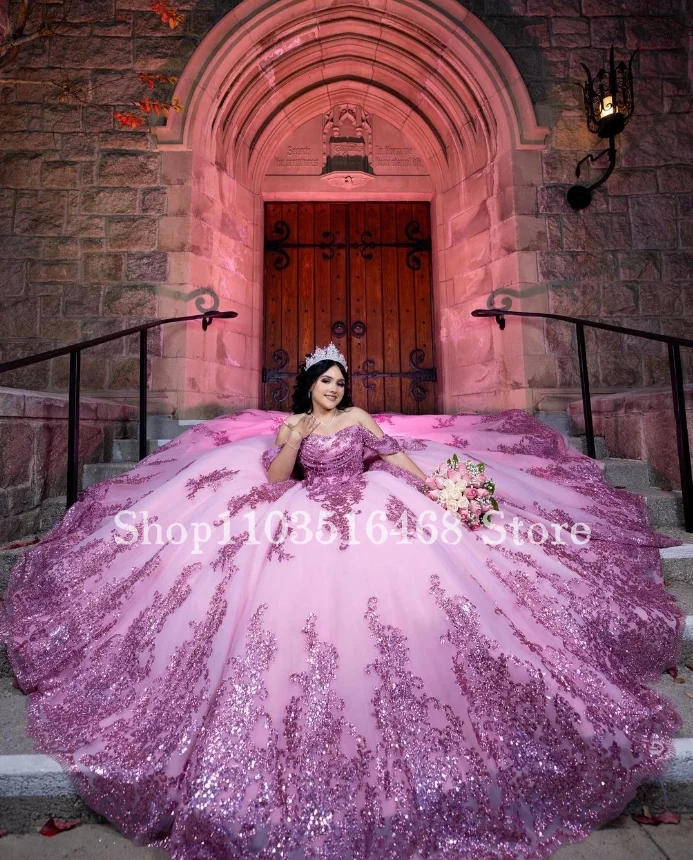 Розово-розовые платья принцессы Quinceanera бальные 2024 лиф с блестками и хрустальными