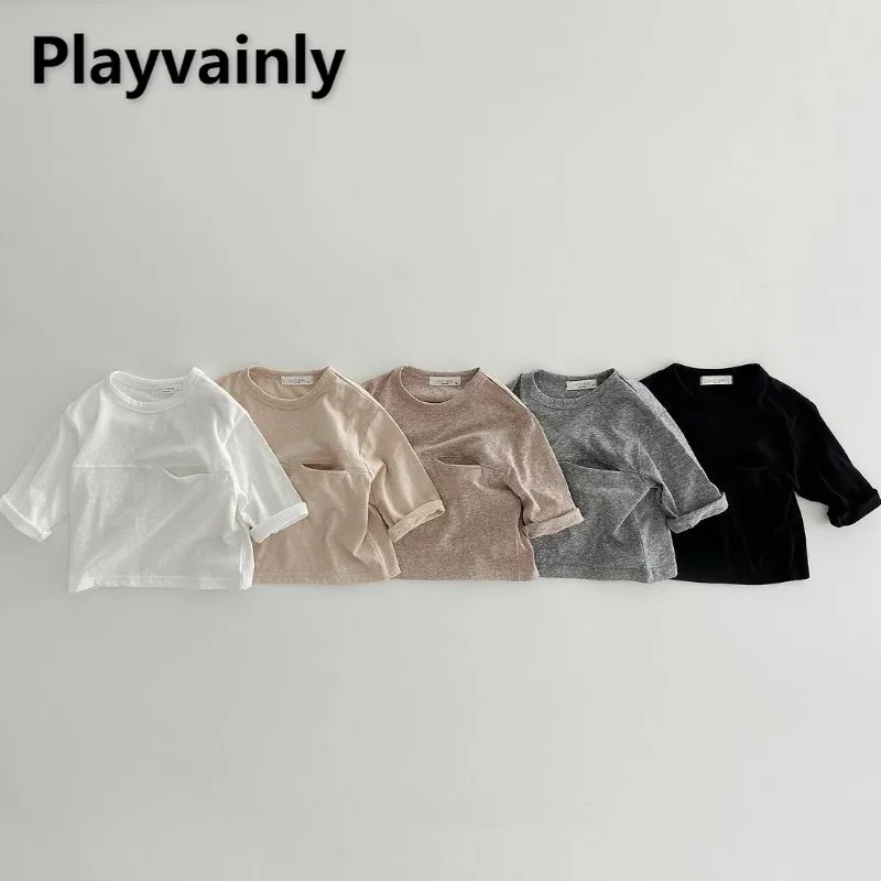 

Korean Style Spring Autumn Baby Girl Boy T-shirt Solid Color Round Collar Loose Bottoming-shirt Children Casual Clothes E23241