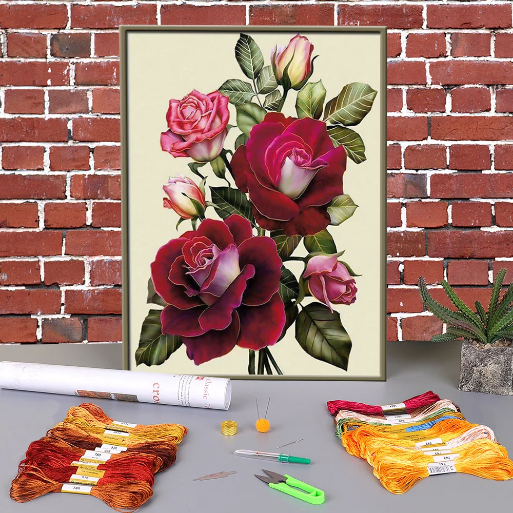 

Flowers Rose Printed 11CT Cross Stitch Embroidery Patterns DMC Threads Handicraft Knitting Handiwork Needlework Needle