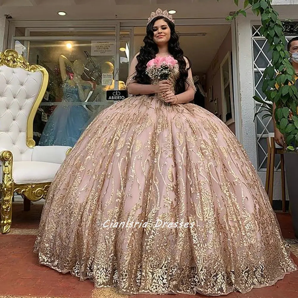 

Розовое Золотое бальное платье с коротким рукавом, платья для Quinceanera, милое вечернее вечерние с аппликацией и кристаллами, 15-16 лет, платье дл...