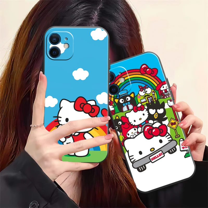 

Милый чехол Hello Kitty для телефона iPhone 13 12 11 Pro 12 13 Mini X XR XS Max SE 6 6s 7 8 Plus, черный мягкий чехол из жидкого силикона