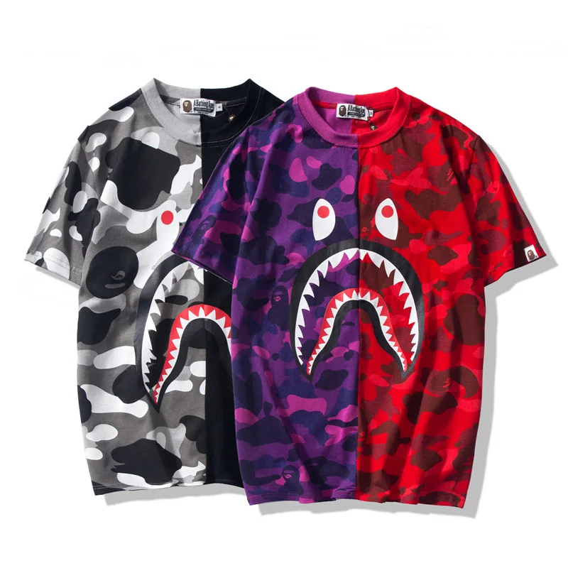 

Cotton T-shirt Camouflage Colorblock Print T-shirt Harajuku Summer Cotton Casual Men Clothing Couple Bape Shark Short Sleeve