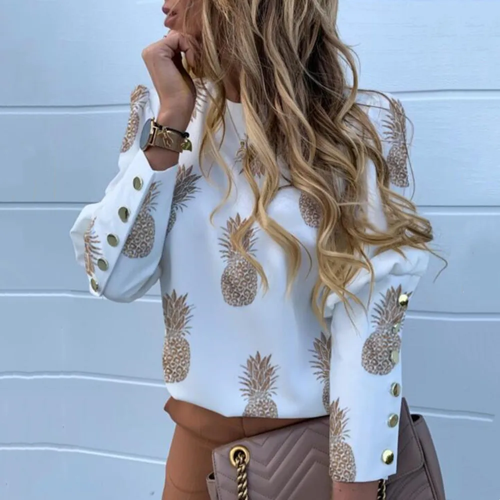 

Elegant New Puff shoulder blouse shirts Office Lady Autumn Metal Buttoned Detail Blouses women Pineapple print long sleeve tops