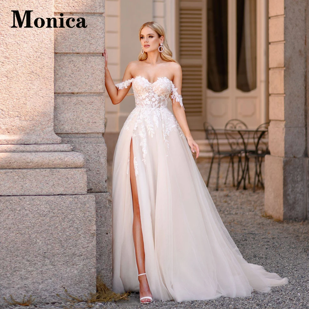 

MONICA Slit Sweetheart Wedding Dresses For Bride Stylish Off The Shoulder Backless Lace Appliques Tulle Court Train Custom Made