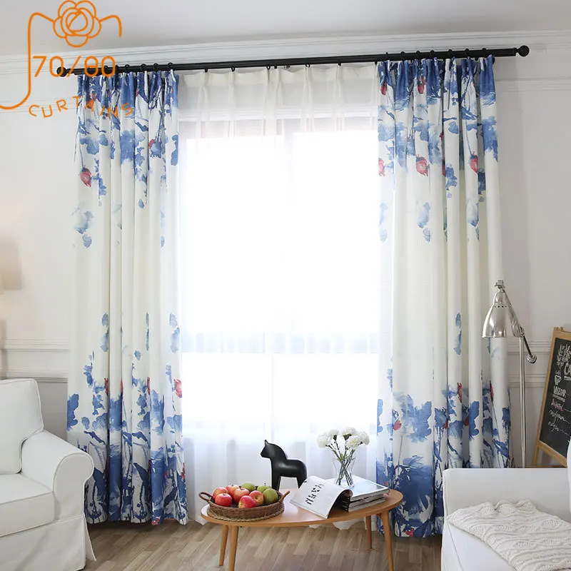

Chinese Style Ink Painting Lotus Printing Cotton and Linen Curtains for Living Room Bedroom Balcony Bay Window Customization