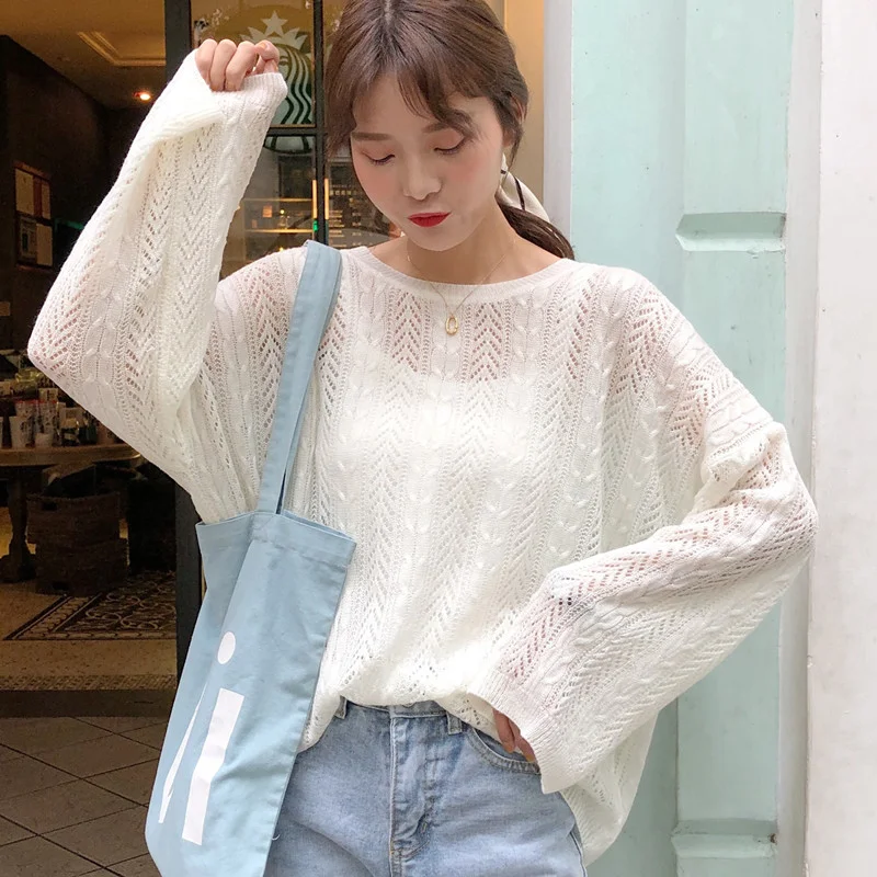 

Thin Hollow Out Knitted Sweater Long Sleeve Top Loose 2022 New Pullover Summer Sunscreen Air-conditioning Woman Sweaters