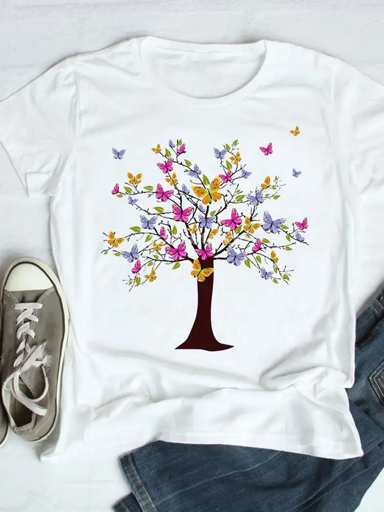 

Футболка женская с рисунком бабочки, милый модный топ с акварельным рисунком, с коротким рукавом, с мультяшным принтом, летняя одежда