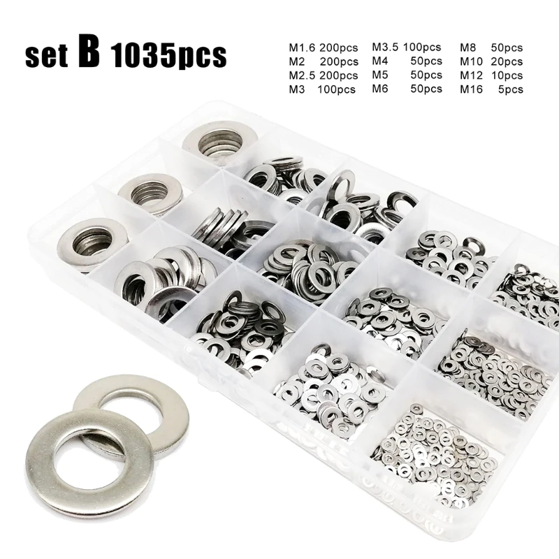 

1035-Pcs 304 Stainless Steel Flat Washers Set Size Included M1.6 M2 M2.5 M3 M3.5 M4 M5 M6 M8 M10 M12 12 Sizes for Home