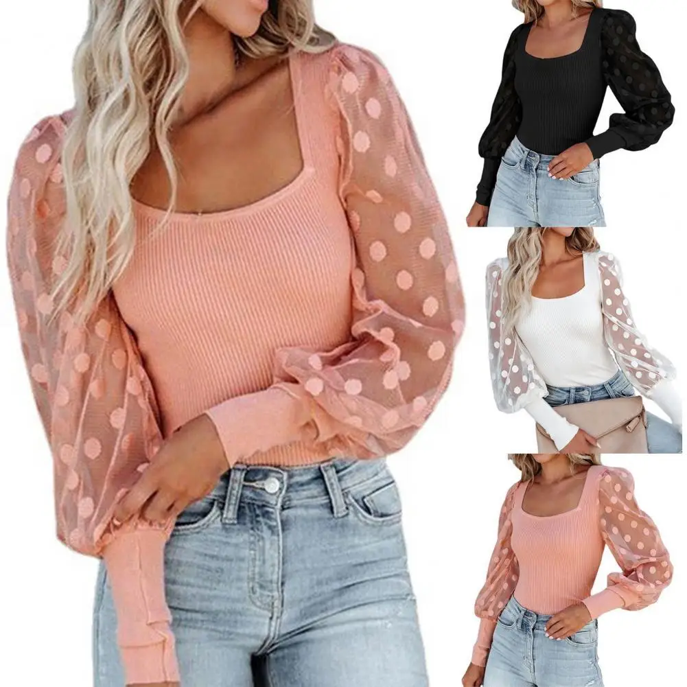 

Comfortable Women Top Easy Match Polyester Long Sleeve Dot Women Pullover T-shirt for Daily