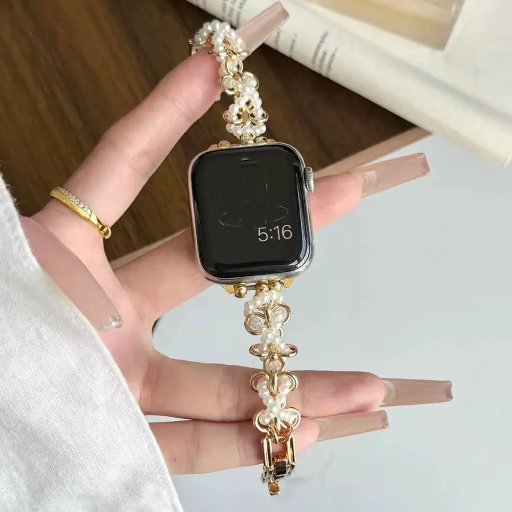 Женский ремешок из нержавеющей стали для Apple Watch Ultra 21 49 мм 10 9 8 7 42 мм 46 44 45 мм Жемчужный ремешок для IWatch 6 5 4 SE 38 40 41 мм (art.: 3920cd78fe189) - 3920cd78fe189