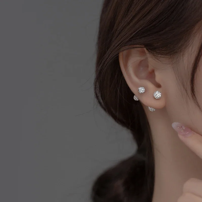 Серьги-гвоздики женские серебряные со сверкающими цирконами 4/5/6 мм