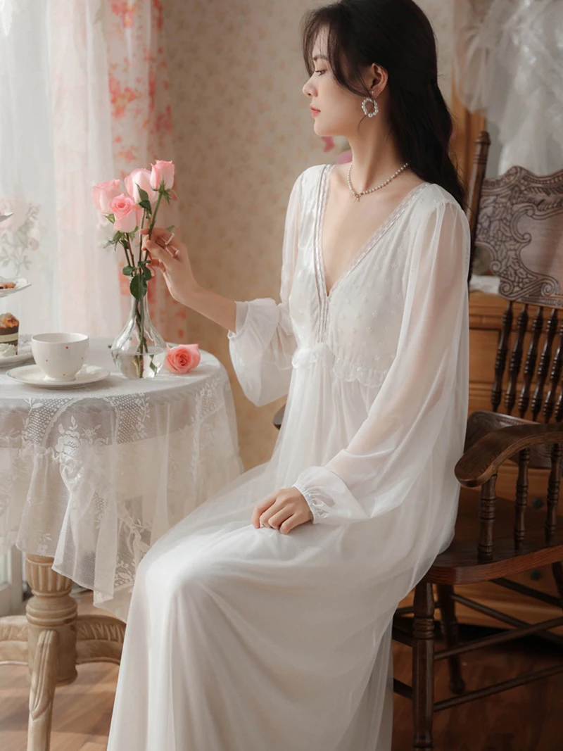 Women Vintage Night Dress V-Neck Mesh Fairy Long Sleeve Spring Nightgowns Victorian Princess Pajamas Home Sleepwear