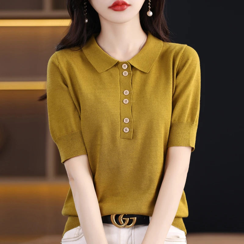 

100% Cotton T-shirt Women's Doll Neck Knit Pullover Tank Top Casual Loose Mesh Top Summer Thin New Short Sleeve Shirt Fashion