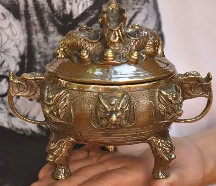 Old Chinese Bronze Dragons Loong Dragon Beast Head Statue Incense Burner Censer |
