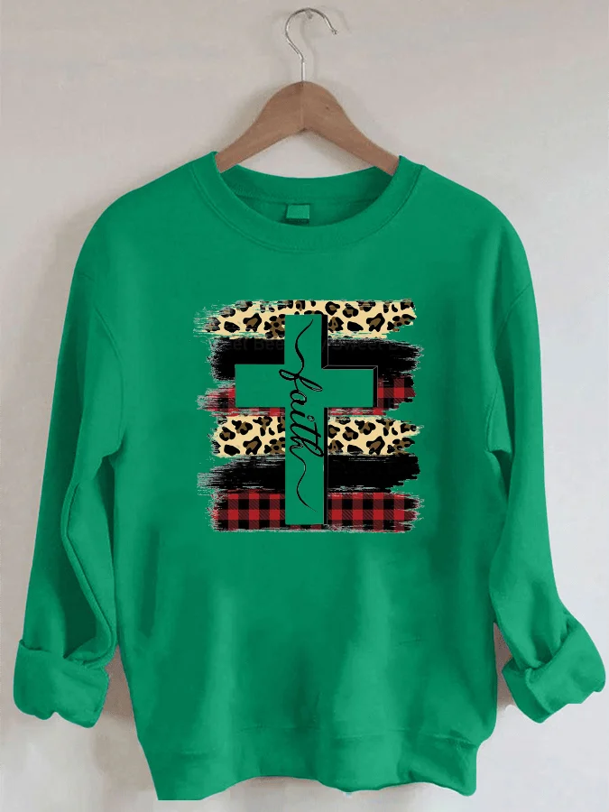 Faith Leopard Print Buffalo Check Print Crewneck Long Sleeve Sweatshirt