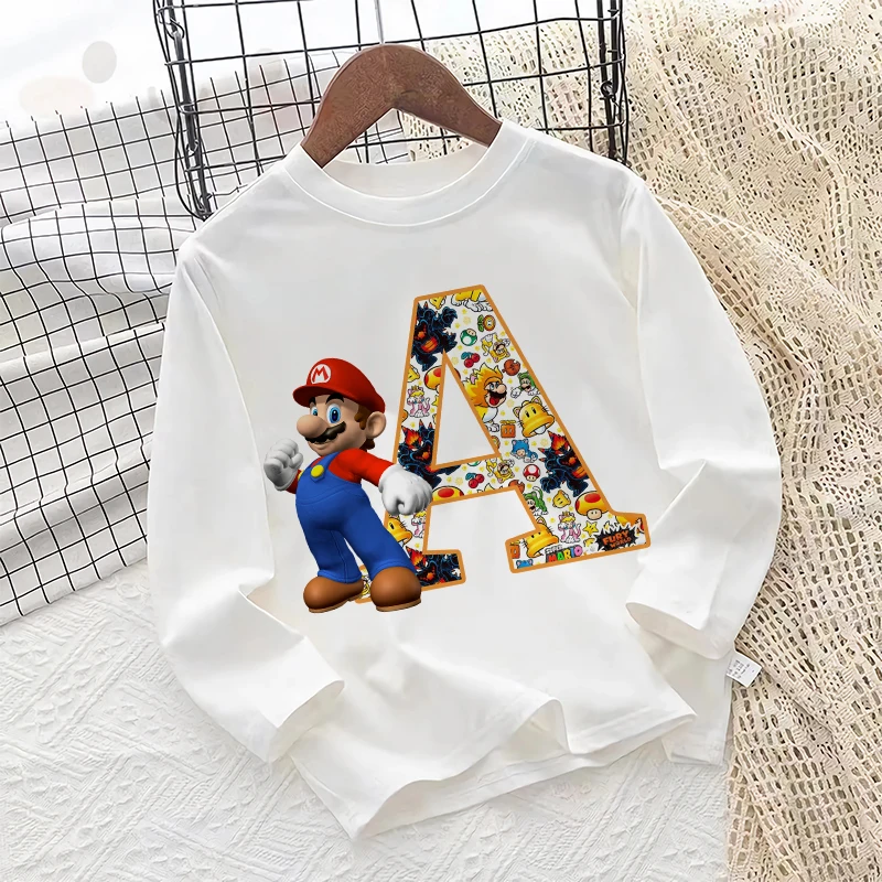 Super Mario Bros Kids Long-sleeved T-shirts Boys Casual Cotton T-shirt Cartoon Letter A-Z Printed Tops Autumn Children Clothing