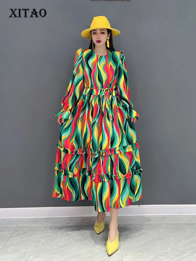 

XITAO Chiffon Print Dress Fashion Contrast Color Splicing Simplicity O-neck Pullover Women 2022 New Street Trendy WMD5146