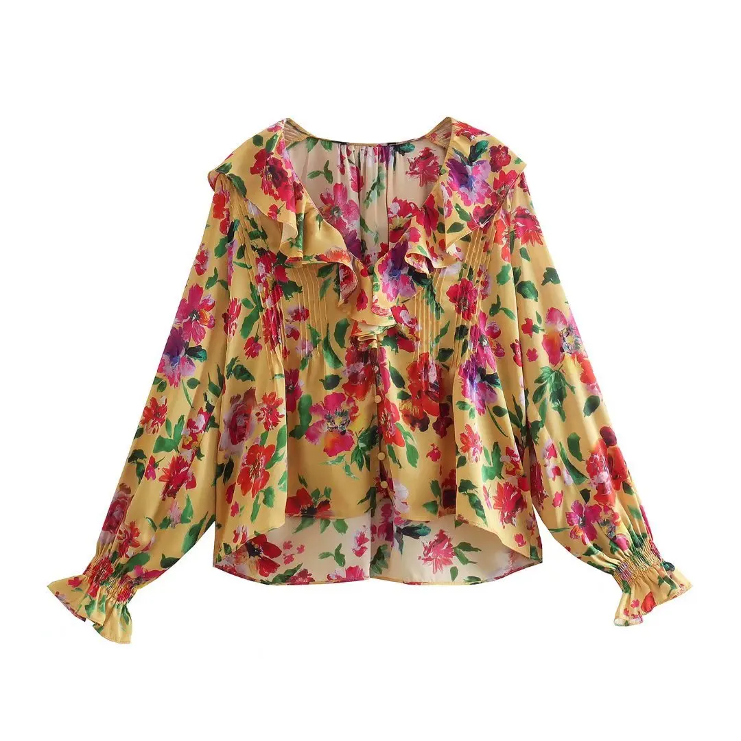 

Vintage Pleated Ruffle Floral Blouse Women Shirt Long Sleeve New 1 Short Blusa Female Casual Blouses Elegant Work Shirt