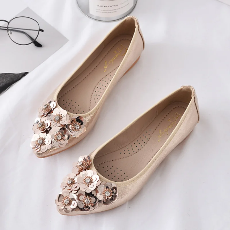 

Maogu Breathable Plus Size 33 44 Pointed Toe Gold Silver Luxury Shoes Women's Summer Footwear Female Bling Crystal Ballet Flats