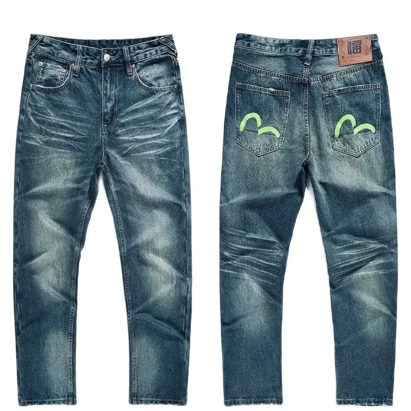 Джинсы мужские с вышивкой ручной работы прямые штаны из чистого хлопка в стиле