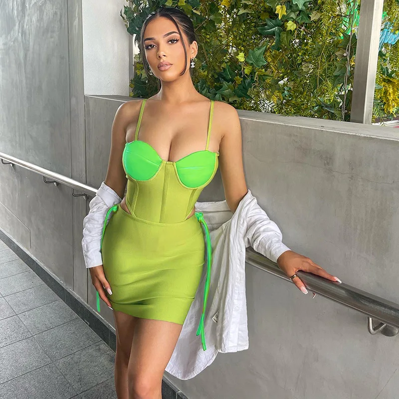

HEZIOWYUN Women Sexy Skirt Set Spaghetti Straps Patchwork Bodysuit with Lacing Bodycon Skirt for Party Club Sundress Suit