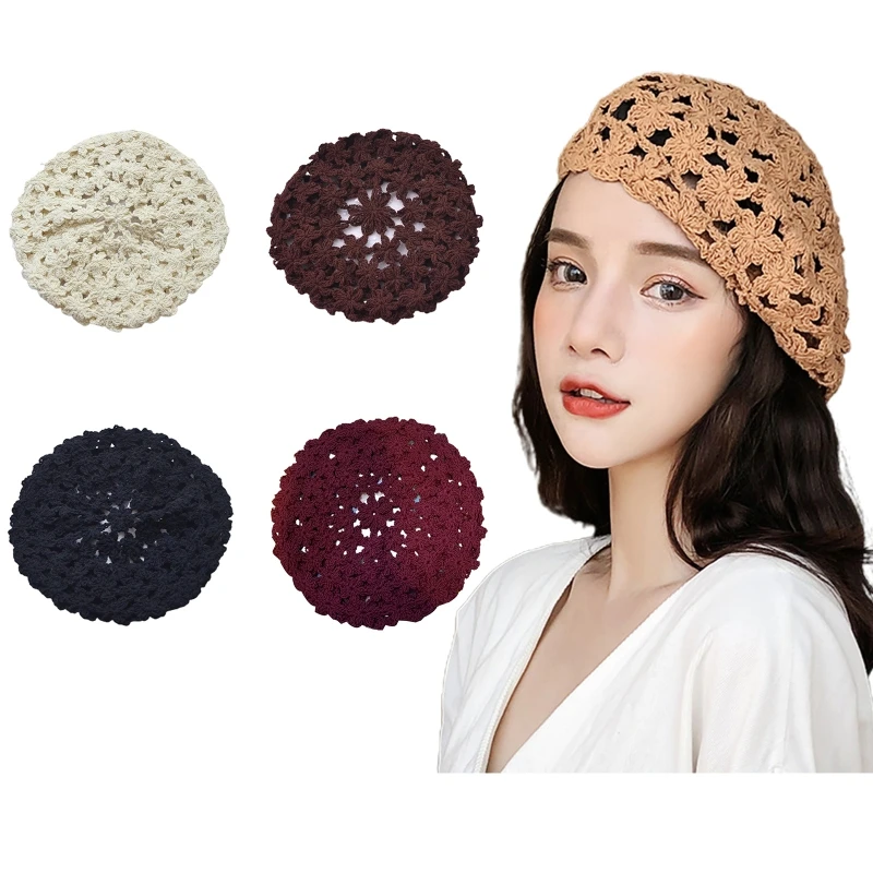 

Handmade Floral Beanie Hat Solid Color Pumpkin Hat Crochet Beret Artist Hat Bud Hat All-match for Street Shooting T8NB